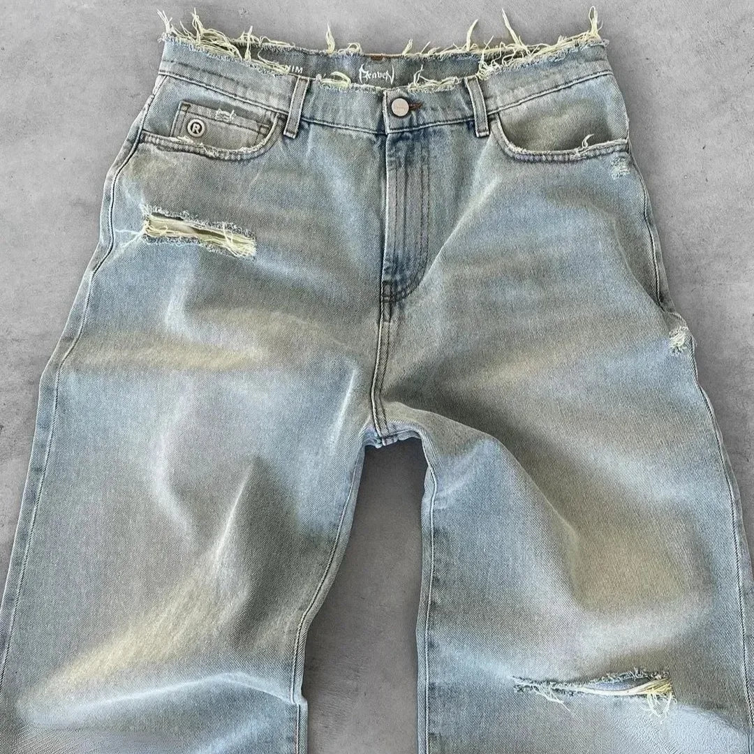 Straight Jeans Distressed Men Jean Ripped Holes Washed Denim Pants Ankle Length Loose Solid Zipper Fly Pockets Casual 2025 - Matrix Studios