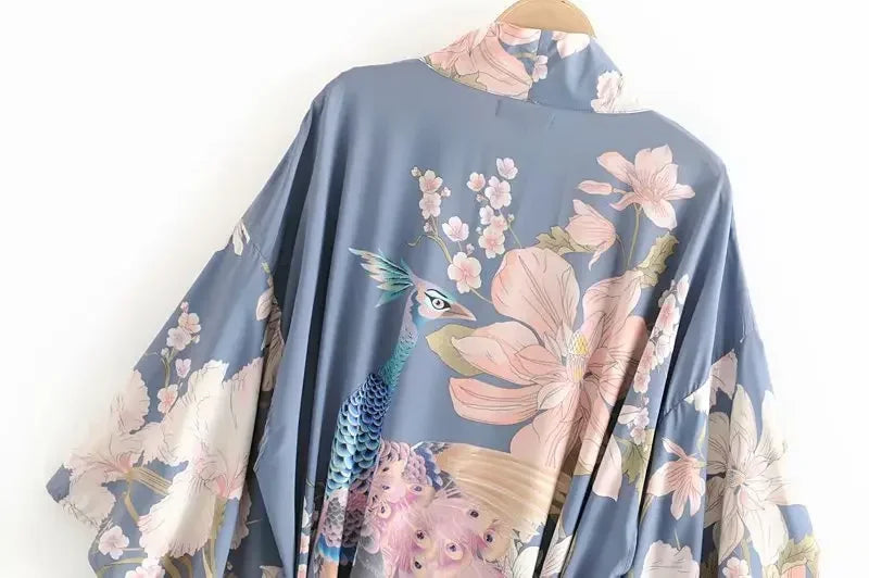 Boho Queens Vintage Peacock Floral Print Sashes Women Bohemian V Neck Batwing Sleeves Ladies Blouses Happie Beach Robe Cover-up - Matrix Studios
