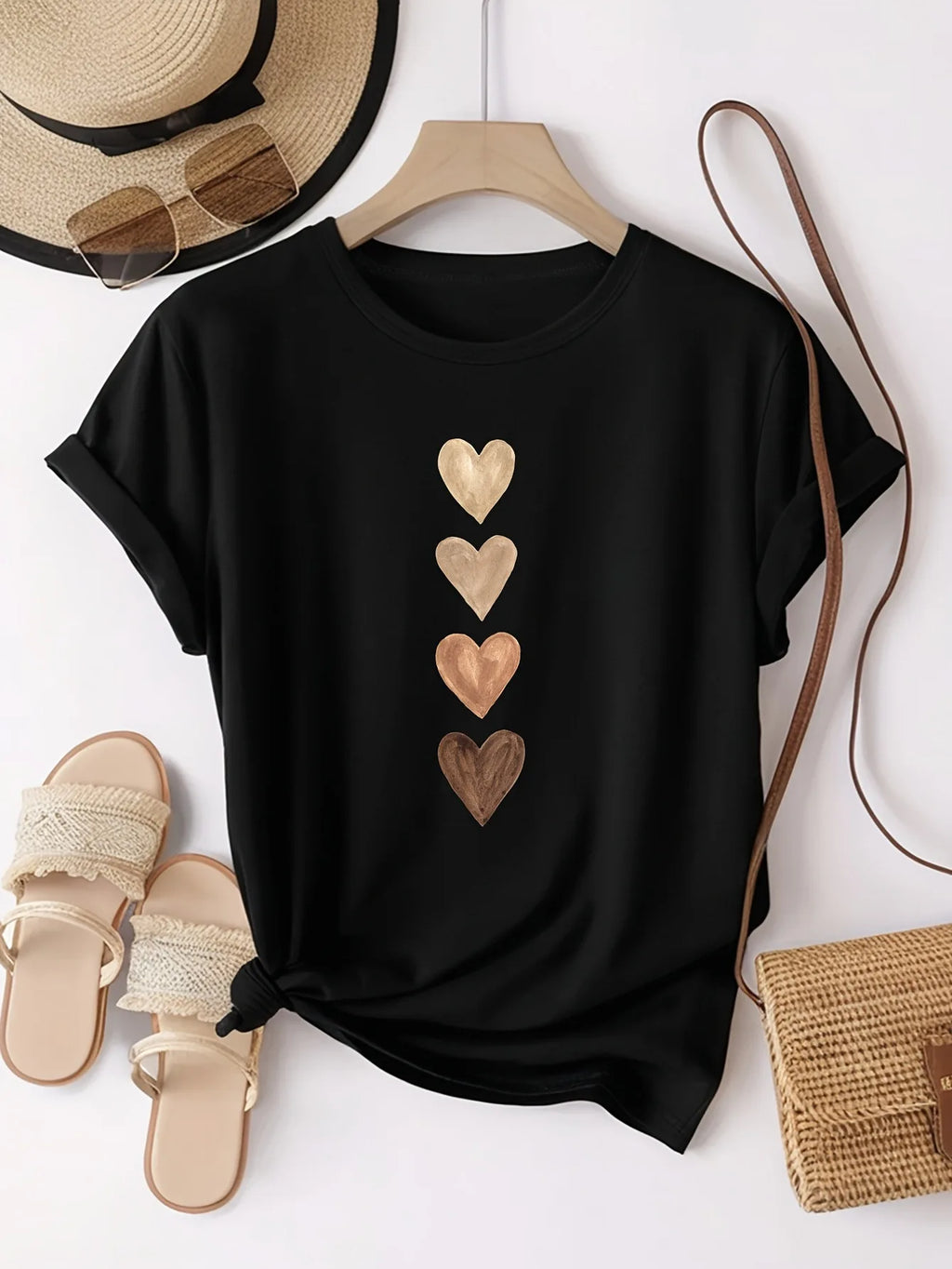 Women's Casual Short Sleeve T-Shirt with Four Heart Graphic Print - Black & Golden, Medium Stretch Round Neck - Matrix-studios.com