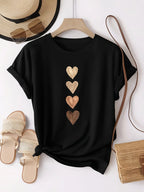 Women's Casual Short Sleeve T-Shirt with Four Heart Graphic Print - Black & Golden, Medium Stretch Round Neck - Matrix-studios.com