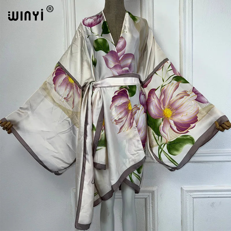 WINYI Summer Beach Outfits Women Swim Suit Cover Up Kaftan Boho Cardigan Stitch Self Belt Sexy Holiday Long Sleeve Print Kimono - Matrix Studios