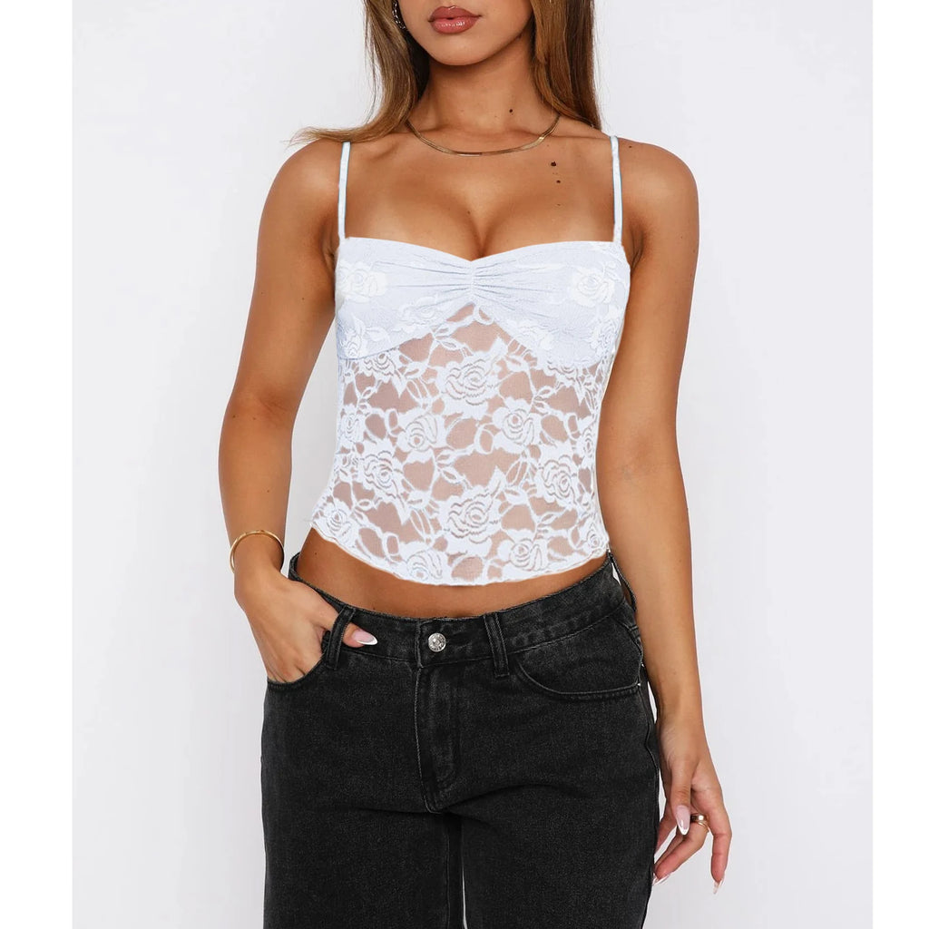 Women's Summer Lace Cami Tops Sleeveless Ruched Front Solid Color Camisole Slim Fit Tank Tops - Matrix-studios.com