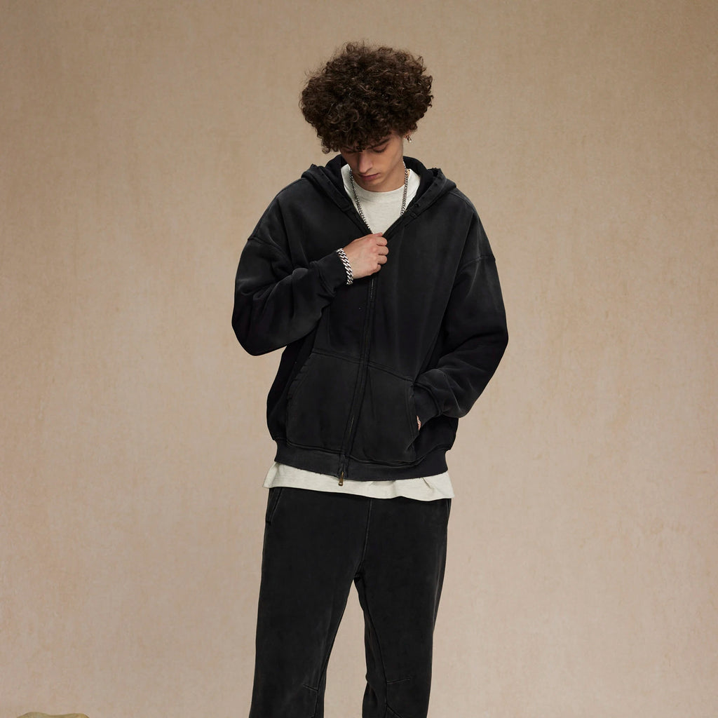 Men's Zip Up Hoodies Tie Dye Washed Double Oversize Cardigan Sweatshirt Loose Plus Plush Gradient Man Hooded Pullovers Winter - Matrix Studios