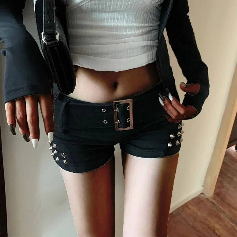 2024 Female American Low Waist Night Club Jeans Girls Fashion Metal Rivet Decoration Harajuku Pants Women Sexy Black Y2k Shorts - Matrix-studios.com