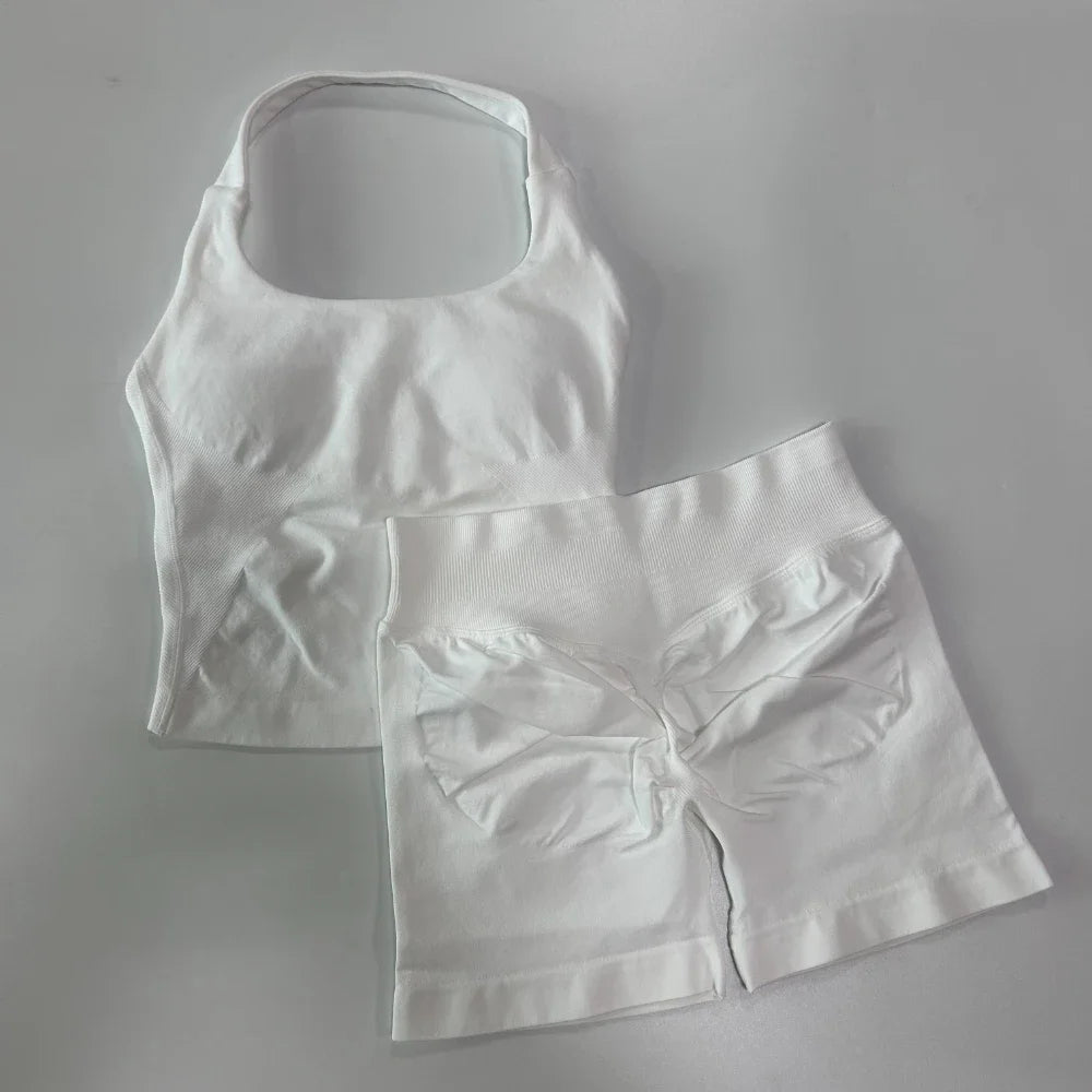 No Logo 2 Pieces Sports Set Women Backless Tank Tops High Waist Scrunch Seamless Shorts Gym Set Sportswear Workout Set Yoga - Matrix-studios.com