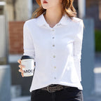 Pure cotton polo collar long sleeved t-shirt women's loose spring/summer new slimming and versatile fashion polo collar top - Matrix-studios.com