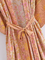 Boho Queens Women Pink Floral Print Bohemian Kimono Beach Robe Lady Batwing Sleeves Rayon Vacation Boho Bikini Cover-ups - Matrix Studios