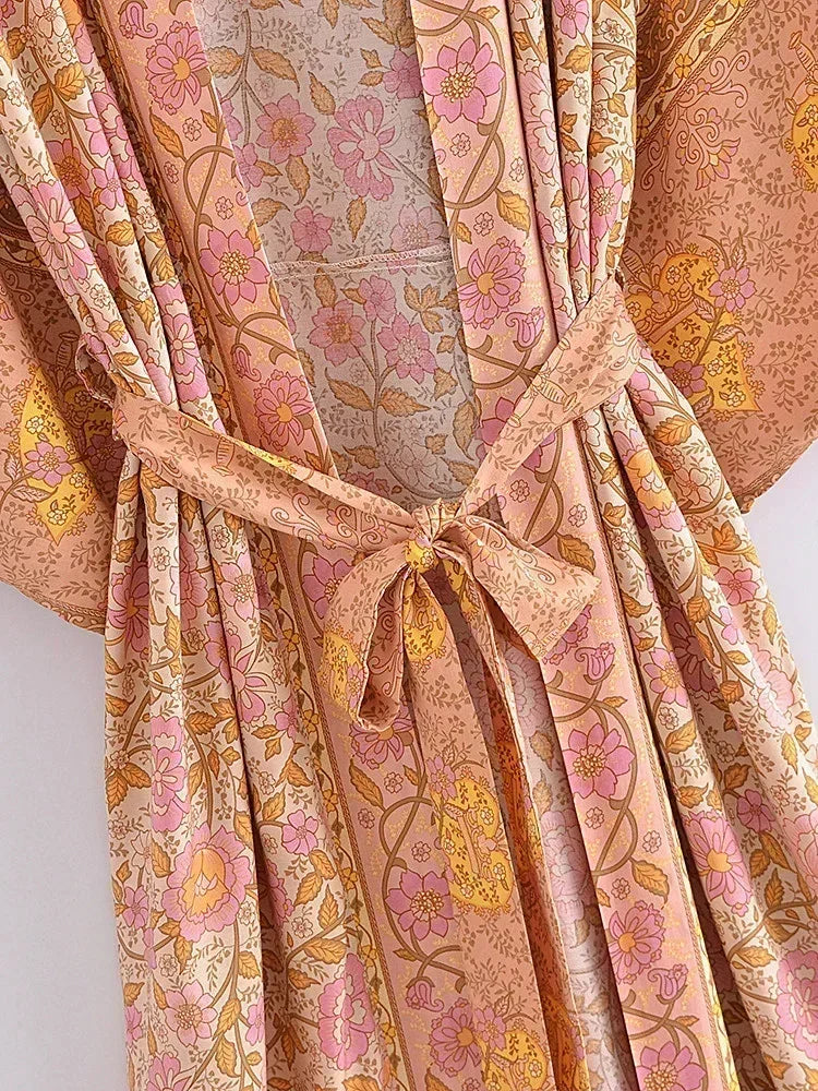 Boho Queens Women Pink Floral Print Bohemian Kimono Beach Robe Lady Batwing Sleeves Rayon Vacation Boho Bikini Cover-ups - Matrix Studios