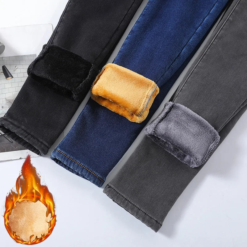 Women Thermal Skinny Jeans Mom Winter Warm Plush Stretch Jeans Lady Fleece Snow Denim Pants Student Pencil Straight Leg Trousers - Matrix-studios.com