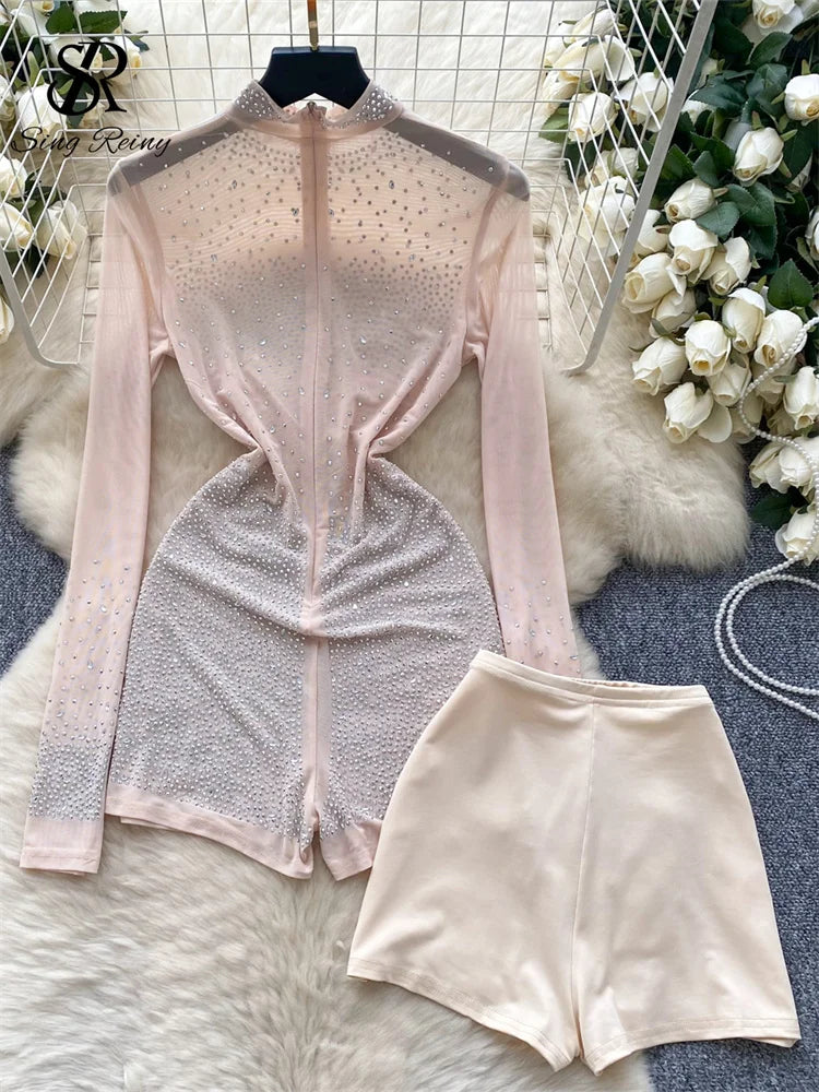 SINGREINY Summer Thin Sheer Sexy Bodysuit Long Sleeve Zipper With Shorts Design Rompers Beadings Streetwear Women Mesh Playsuits - Matrix Studios