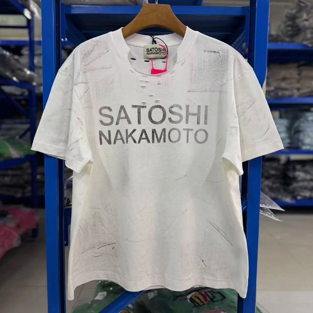 26SS Satoshi Nakamoto T-shirt Men's Multi-color Bead Letter Burst Pattern Print Washed Retro Loose Short Sleeve Streetwear - Matrix-studios.com