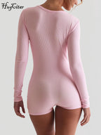 Hugcitar Spring Ribbed Solid Square Collar Long Sleeve Buttons Sexy Bodycon Skinny Playsuit Women Casual Romper Streetwear Sport - Matrix Studios