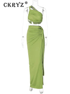 Ladies Summer 2 Pieces Set Women Sleeveless Backless Strap Spit Crop Top Side Slit Slim Long Skirt Evening Party Club Streetwear - Matrix-studios.com