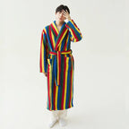 2025 New Autumn/Winter Women's Sleepwear Thick Velvet Warm Robe Couple Coral Velvet Striped Lengthed Home Clothes Bathrobe - Matrix-studios.com