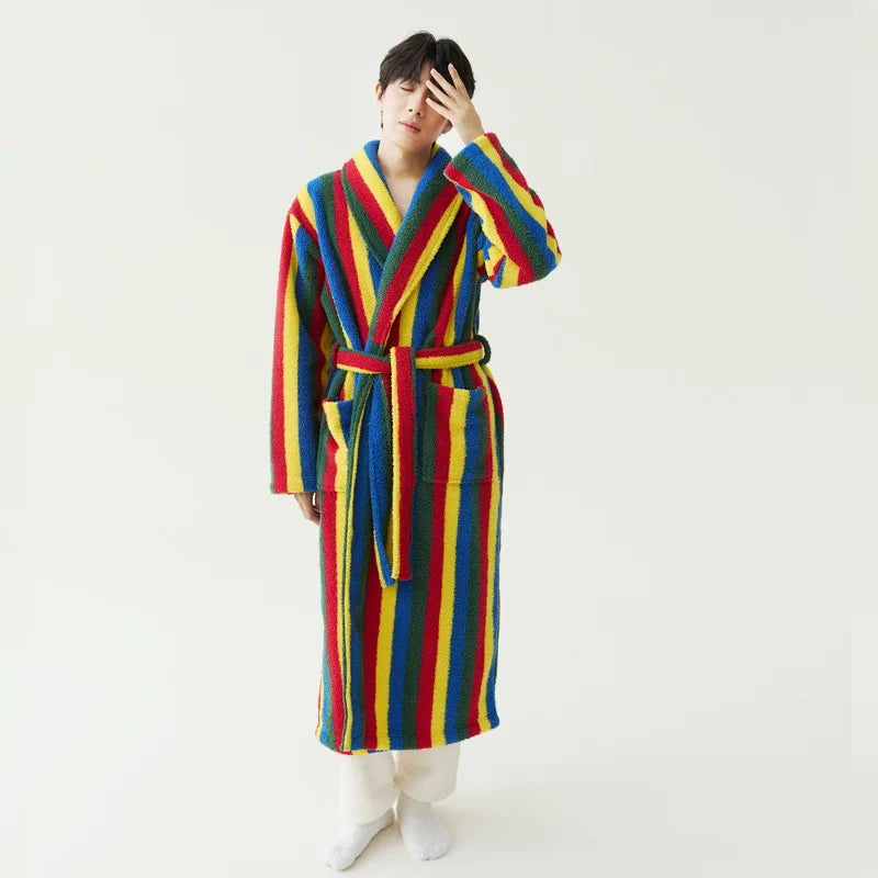 2025 New Autumn/Winter Women's Sleepwear Thick Velvet Warm Robe Couple Coral Velvet Striped Lengthed Home Clothes Bathrobe - Matrix-studios.com