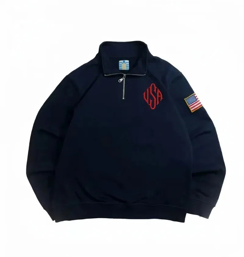 Y2K Navy Blue Quarter Zip Sweatshirt USA Embroidered American Flag Patch Jacket Men Women Vintage Streetwear Fashion Trend Top - Matrix Studios