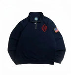 Y2K Navy Blue Quarter Zip Sweatshirt USA Embroidered American Flag Patch Jacket Men Women Vintage Streetwear Fashion Trend Top - Matrix Studios