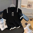 Ice silk knitted short sleeved T-shirt for women's summer 2024 new fashionable and stylish polo shirt top - Matrix-studios.com
