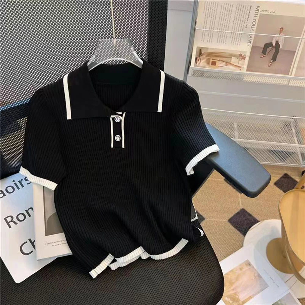 Ice silk knitted short sleeved T-shirt for women's summer 2024 new fashionable and stylish polo shirt top - Matrix-studios.com