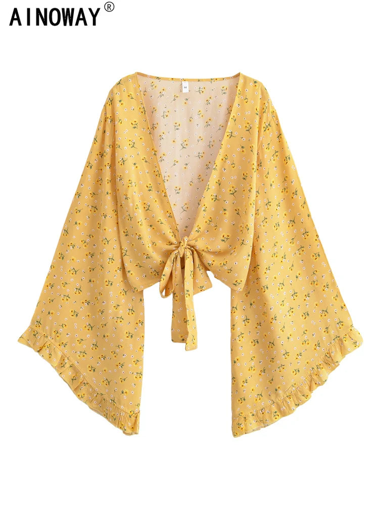 Vintage Fashion Women Yellow Floral 2025 Beach Summer Short Kimono Ruffles Flare Sleeves Vacation Bohemian Bikini Boho Cover-ups - Matrix Studios