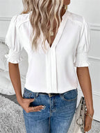 Women Summer Style Blouses Shirts Lady Casual Short Puff Sleeve V-Neck Solid Color Blouse Tops - Matrix-studios.com