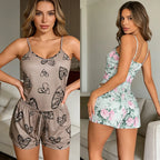 Women Sexy Pajama Ladies Satin Pajama Print Round Neck Ice Silk Top T-Shirt and Shorts Sets Breathable Comfortable Home Wear New