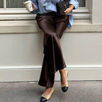 Linad Elegant Brown Satin Wide Leg Pants Women Autumn Fashion Beige High Waist Trousers Street Chic Silk Long Pants Female 2025