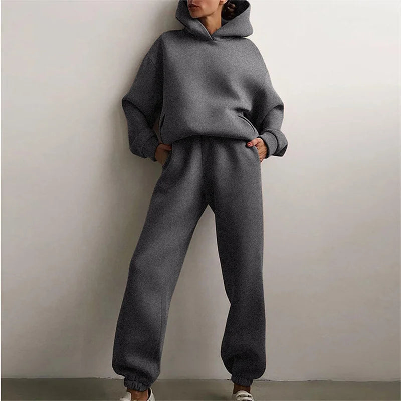 Women's Tracksuit Suit Autumn Fashion Warm Hoodie Sweatshirts Two Pieces Oversized Solid Casual Hoody Pullovers Long Pant Sets - Matrix-studios.com