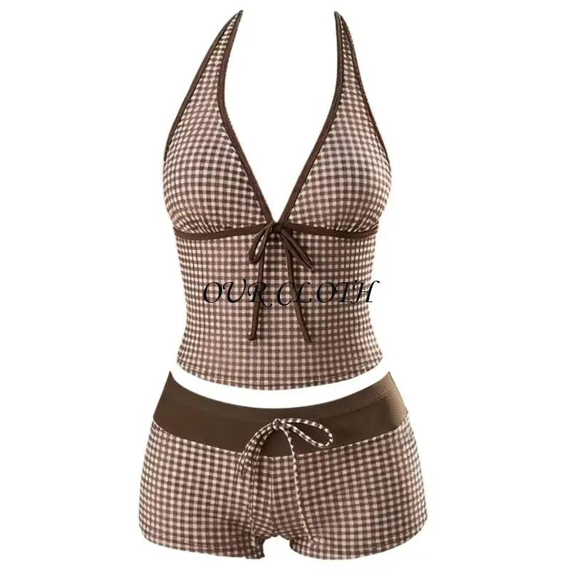 Women Polka Dot Tankini Swimsuit Halter V Neck Tie Front Waist Boyshort Set Contrast Color Stretch Beach Bathing Suit - Matrix-studios.com