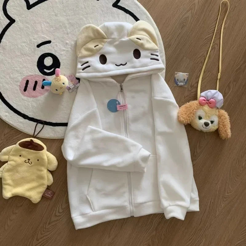 Kawaii Lolita Style Women Fleece Hoodies Cutecore Oversize Japanese Soft Girl Zipper Sweatshirt Casual Cartoon Cardigan Jacket - Matrix Studios