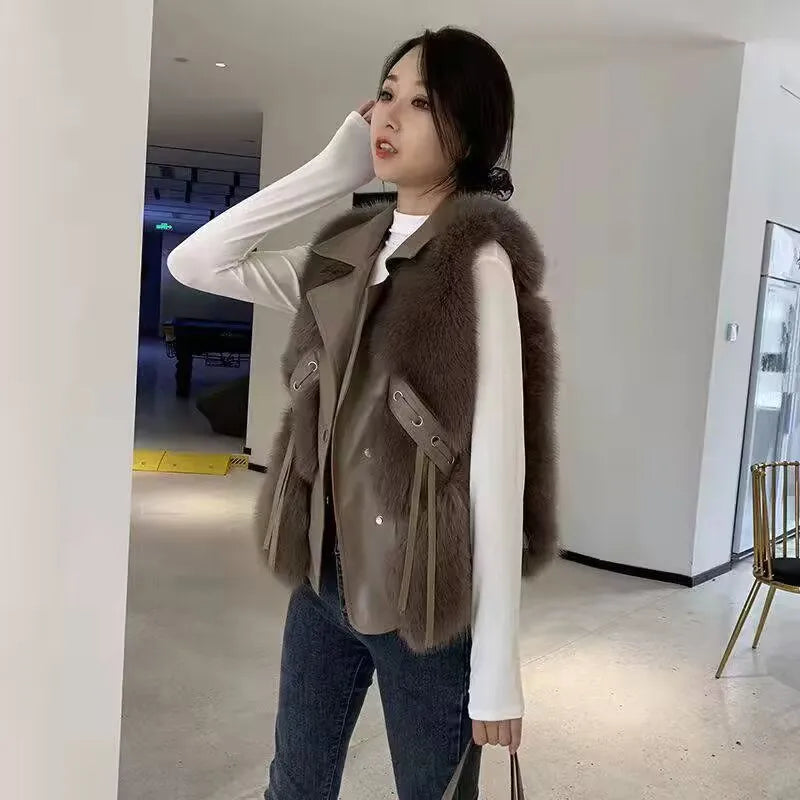 Faux Fur Plush Vests Women Loose Sleeveless Waistcoats Female 2024 New Autumn Winter Fashion Outwears Lady PU Leather Fur Vest - Matrix Studios