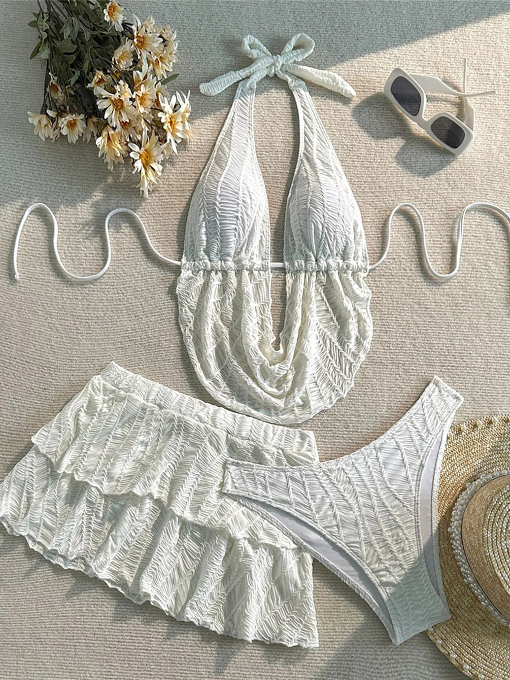 Bather Bathing Suit Swim With Skirt Tankini Halter Wrinkled Bikini Women Swimwear Female Swimsuit Three-Pieces Bikini Set V7415 - Matrix-studios.com