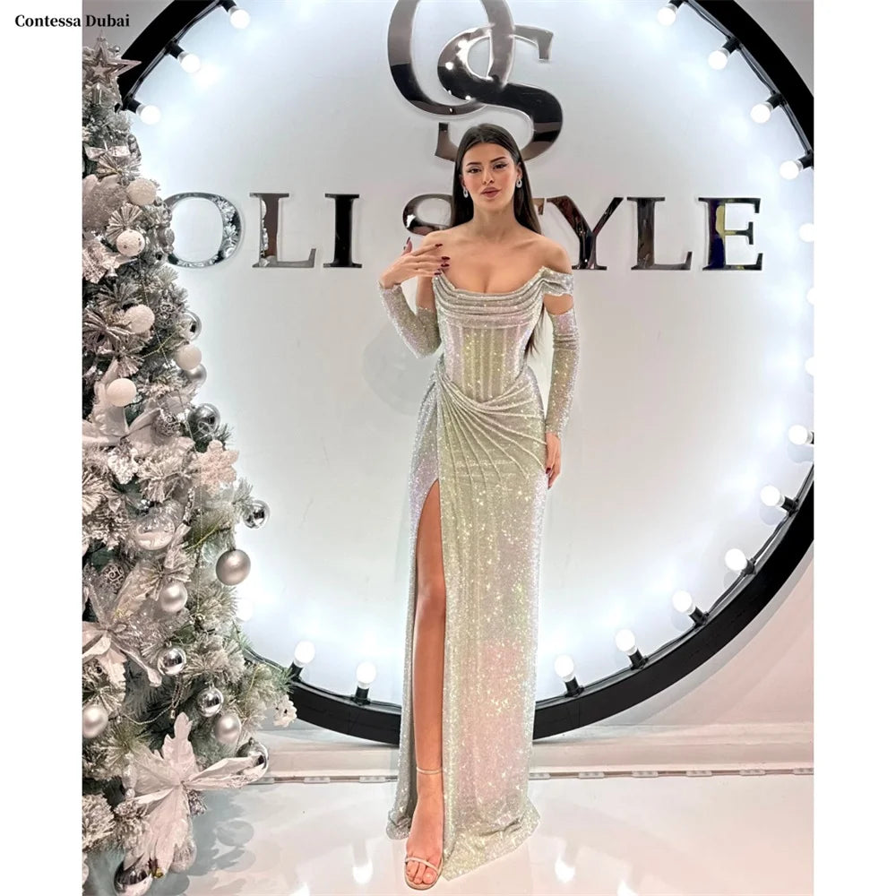 Contessa Dubai customized Silver Shiny Prom Dress With Sleeve Off Shoulder Vestidos de noche Side High Split Formal event dress - Matrix-studios.com