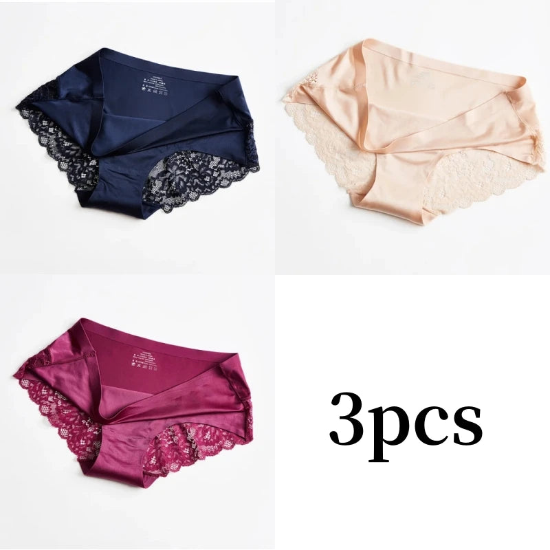 3pcs Lace Women's Panties French Seamless Underwear Female Ice Silk Briefs Solid Color Breathable Underpants Lingerie - Matrix Studios