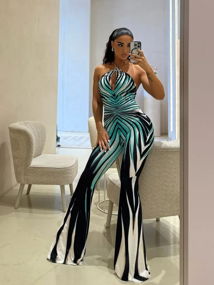 Y2K Geometric Gradient Stripe JumpsuitTie Halter Front Keyhole Backless Slim Fit Flared Floor Length Pants Night Out Clubwear - Matrix Studios