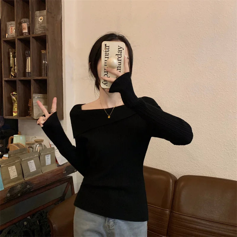 Solid Sexy Slim Off Shoulder Slash Neck Long Sleeve Knitting Sweater Women Jumpers Office Fashion New - Matrix Studios