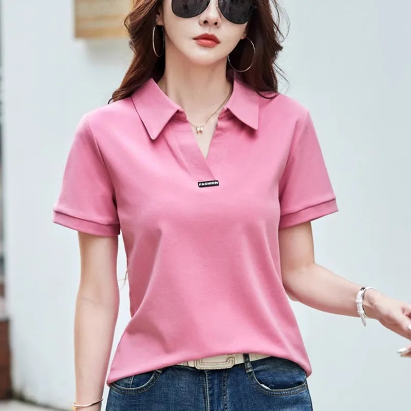 European Station Polo Neck Short sleeved T-shirt Women's Summer New Fashion Light Luxury Loose Large Cotton V-neck Casual Top - Matrix-studios.com