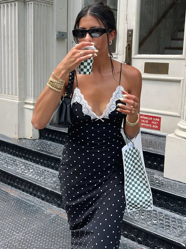 Tossy Lace V-Neck Patchwork Maxi Dress Women Backless High Waist Slim Spaghetti Contrast Party Dress Female Spring Long Dress - Matrix-studios.com