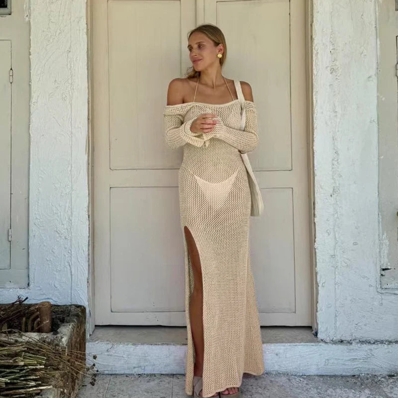 Side Slit Backless Knit Long Dress, Fashion Beach Vacation Long Sleeve Sun Protection Cover Up, All Seasons Fitted Plain Style - Matrix Studios