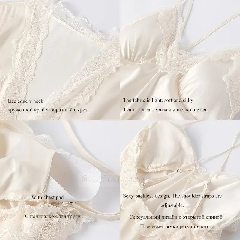 New Female Long Robe Nightgown Set Sexy Lace Trim Sleepwear Suspender Nightdress Spring Summer Casual Satin Home Dress Bathrobe - Matrix-studios.com