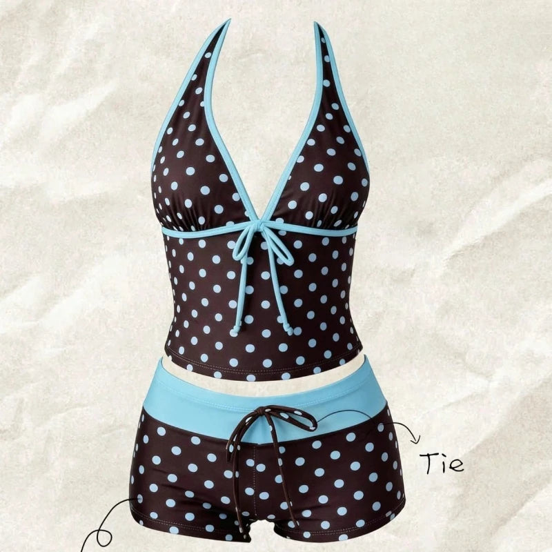 Women Swimwears Polka Dot 2-Piece Tankini Set Halter V Neck Front Tie Cami Top & Contrast Waistband Drawstring Swim Shorts - Matrix-studios.com