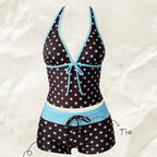 Women Swimwears Polka Dot 2-Piece Tankini Set Halter V Neck Front Tie Cami Top & Contrast Waistband Drawstring Swim Shorts - Matrix-studios.com