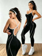 Women Contrast Piping Yoga Jumpsuit Thin Strap Open Back One Piece Workout Bodysuit High Elastic Slim Fitness Gym Sports Rompers - Matrix Studios