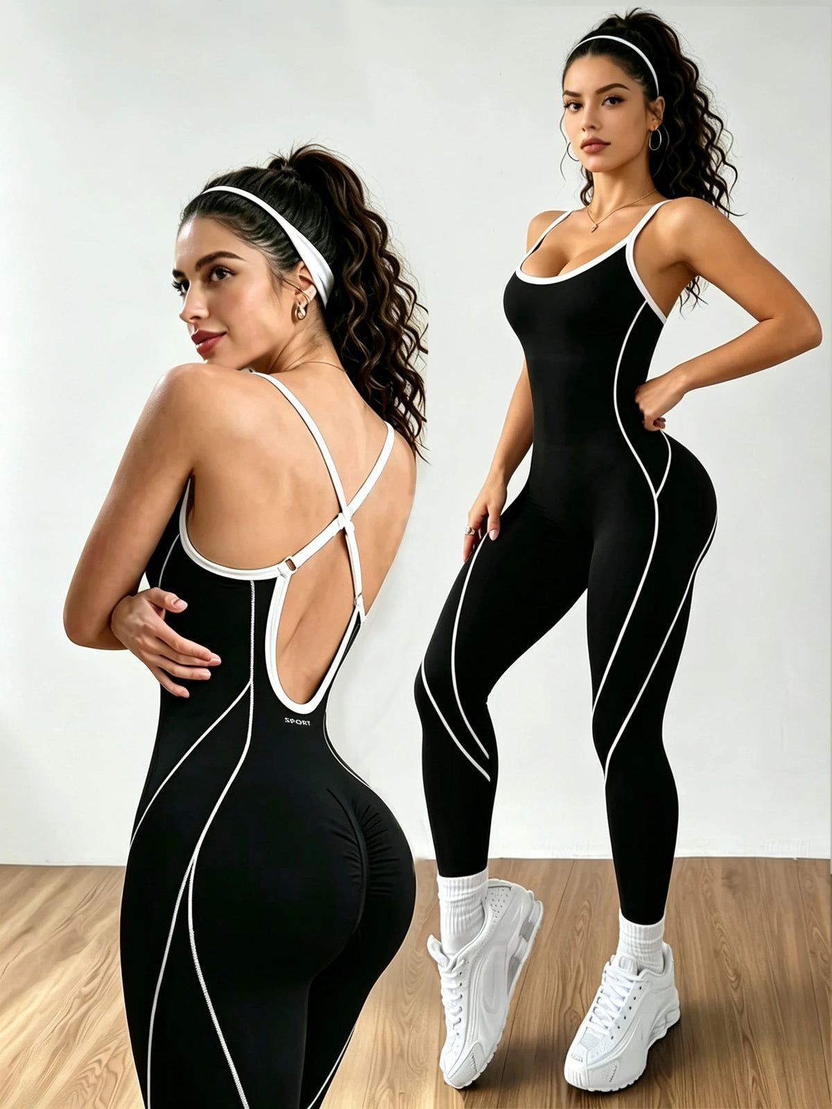 Women Contrast Piping Yoga Jumpsuit Thin Strap Open Back One Piece Workout Bodysuit High Elastic Slim Fitness Gym Sports Rompers - Matrix Studios