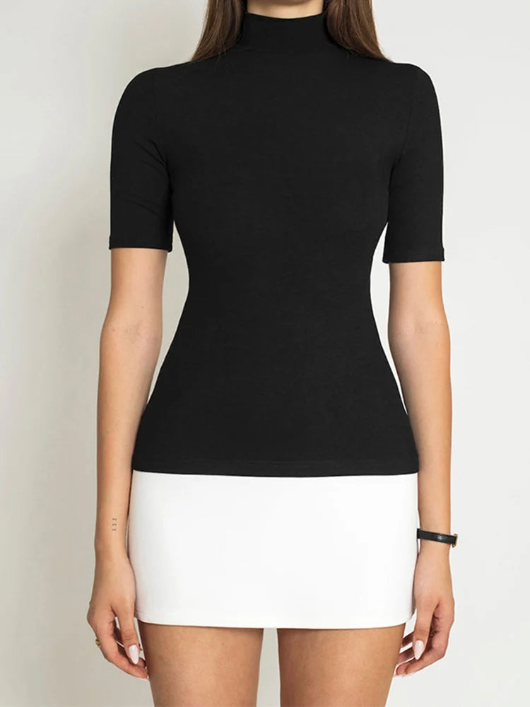 Summer 2025 Turtleneck Half Sleeve Mini Dresses French Style Fashion Elegant Black And White Patchwork Bodycon Dress - Matrix-studios.com
