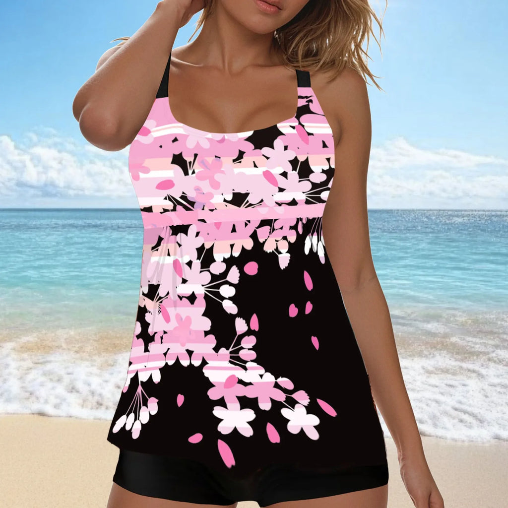 New Plus Size Beach Swimsuit Women Casual Simple Split Fashion Flower Print Swimsuit Full Coverage Bikini Tankini Swimwear - Matrix-studios.com