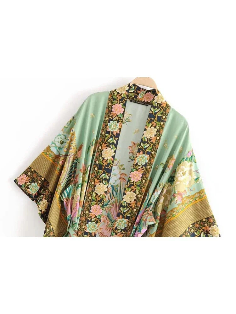 Peacock Floral Print Bat Sleeve Beach Bohemian Kimono Robe for Women Ladies Beachwear Summer Dress Bikini Boho Cover-ups - Matrix Studios