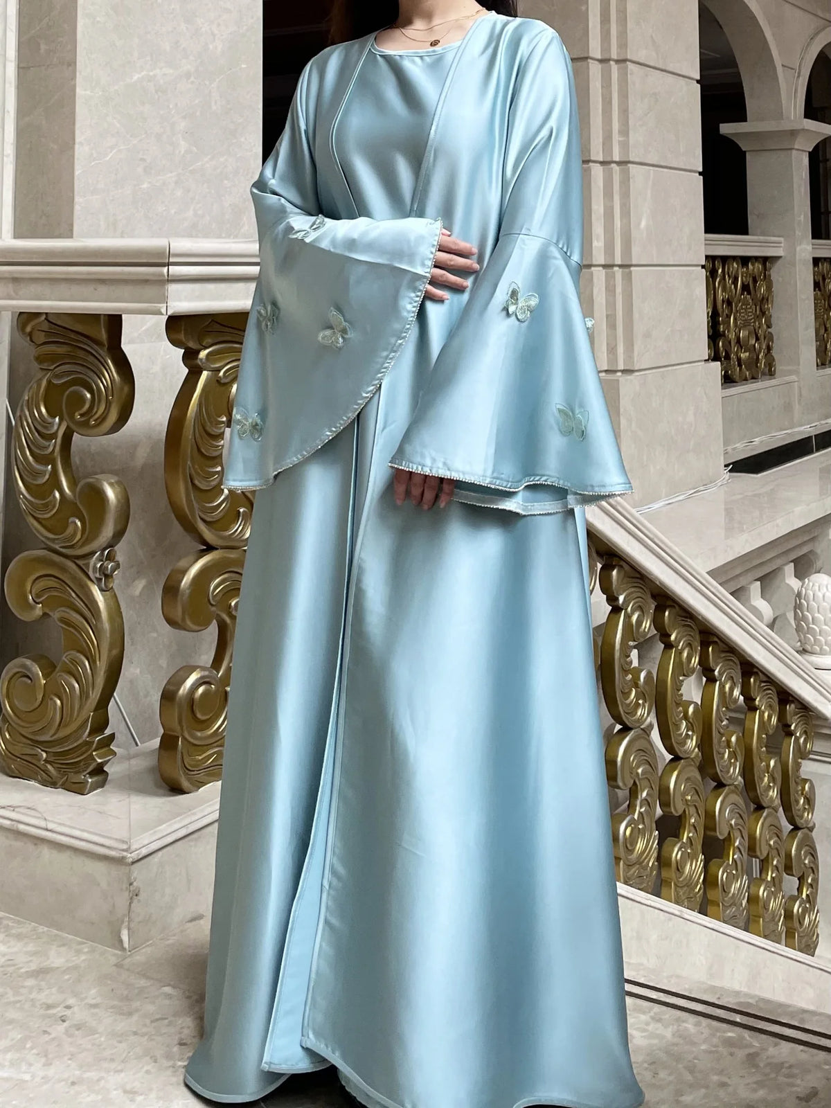 Muslim Women Abaya Dress 2 Piece Set Butterfly Satin Lace-up Morocco Caftan Inner Dress Musulman Ensembles Cadigan Outfit Suits - Matrix-studios.com