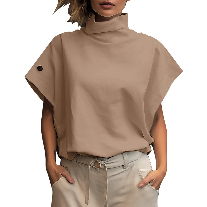 Women Fashion OL Work Shirt 2024 ZANZEA Summer Elegant Turtleneck Short Sleeve Blouse Casual Loose Office Tops Party Blusas - Matrix-studios.com