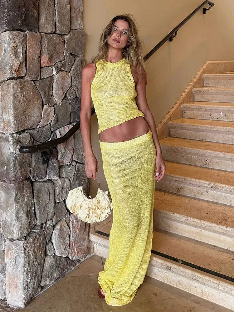 Women Sexy Knit See-through Shiny Top Half Long Skirt Set 2026 Summer Beachwear Swimsuit Cover Up 2 Piece Party Club Outfit K68 - Matrix Studios